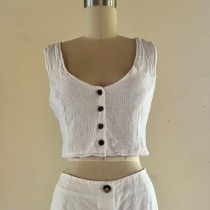 White Linen-Blend Button Up Front Crop Top & Skirt Set